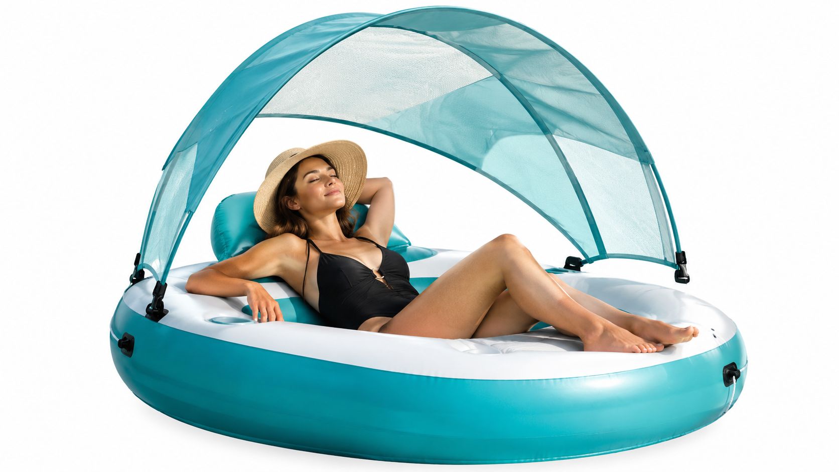 A relaxed woman lounging on a large, circular inflatable pool float with a protective sun canopy.