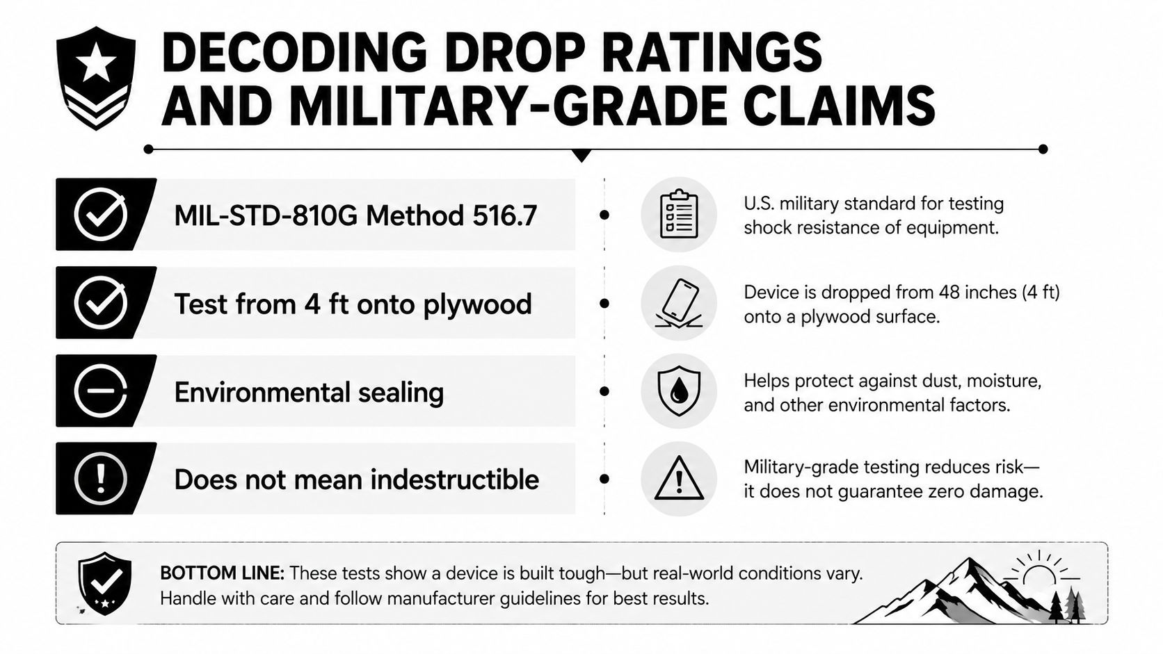 An infographic explaining military-grade drop ratings for device protection standards, testing procedures, and realistic durability limitations.