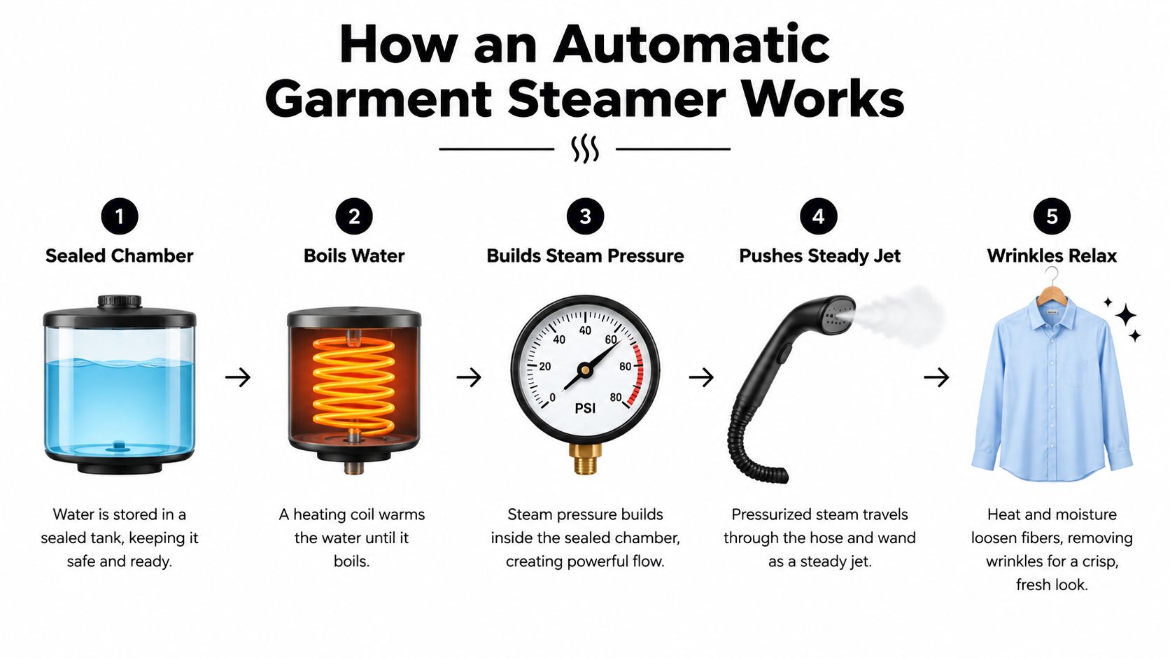 A five-step infographic showing how an automatic garment steamer boils water to create steam for removing wrinkles.