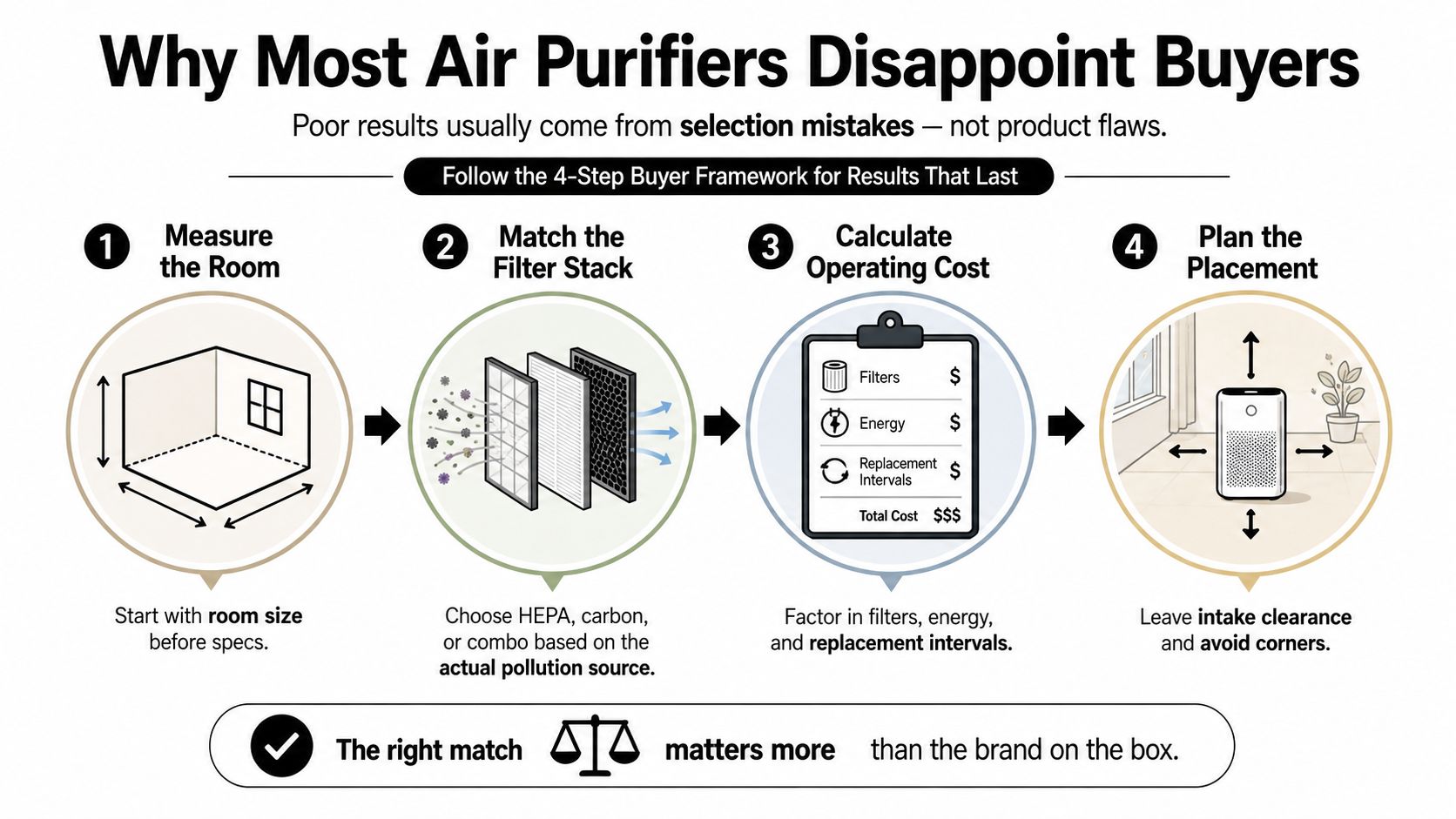 A four-step infographic illustrating how to choose the right air purifier based on room size and filtration.