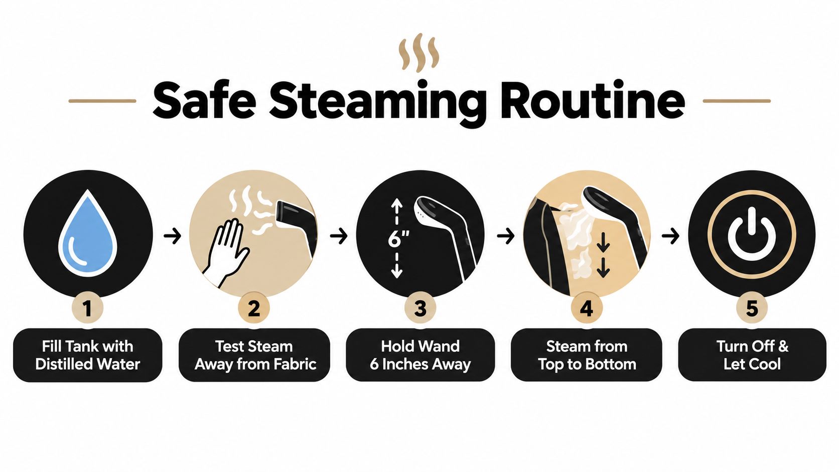 An instructional infographic titled Safe Steaming Routine illustrating five simple steps for using a garment steamer safely.