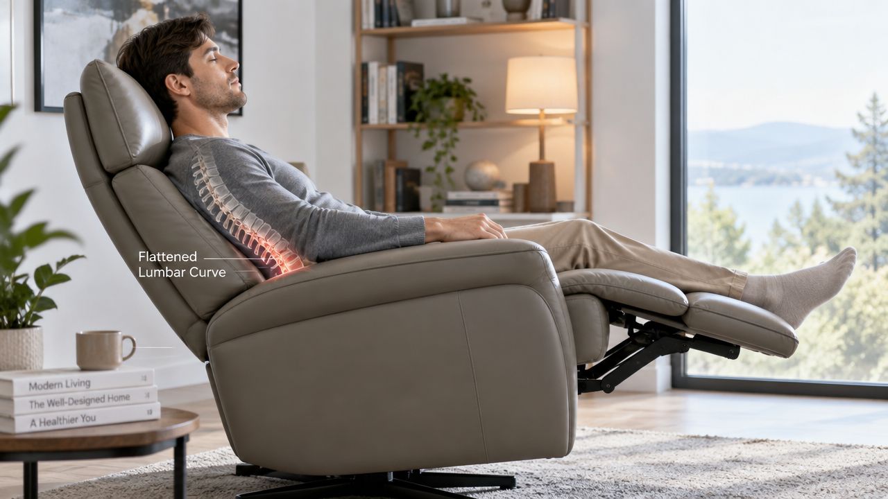 A man relaxing in a grey recliner while an overlay graphic shows his flattened lumbar spine curve.