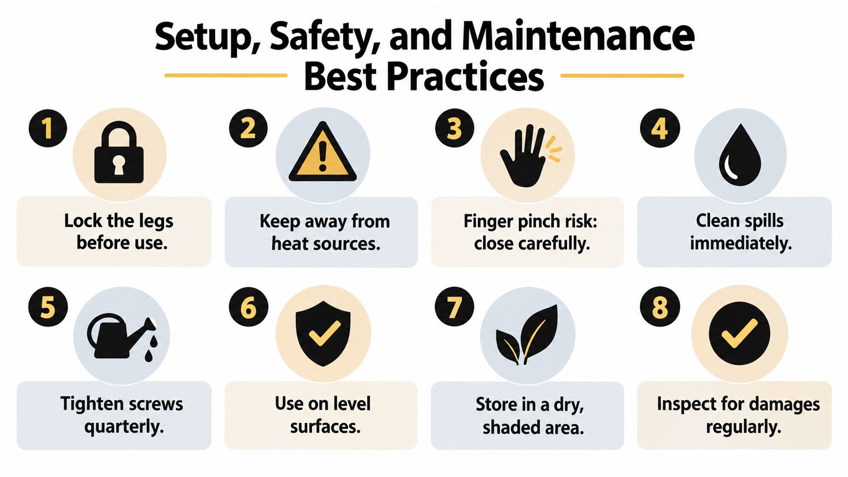An infographic detailing eight essential setup, safety, and maintenance best practices for a folding table.
