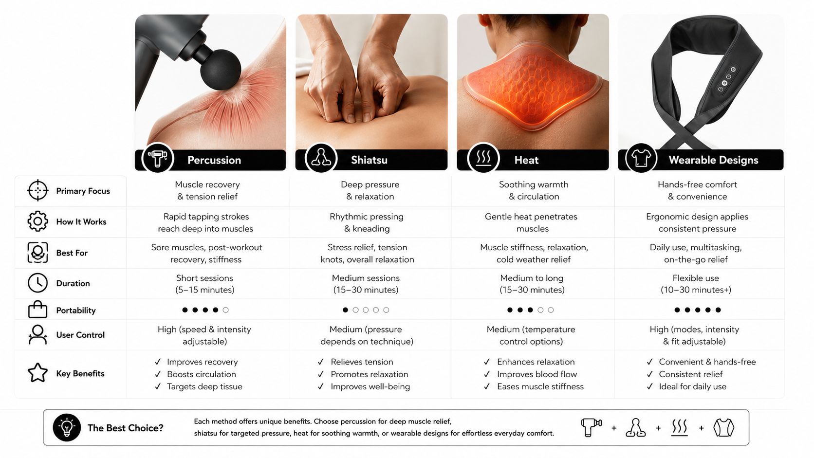 A comparison chart showing four different massage therapy techniques: percussion, shiatsu, heat, and wearable massager designs.