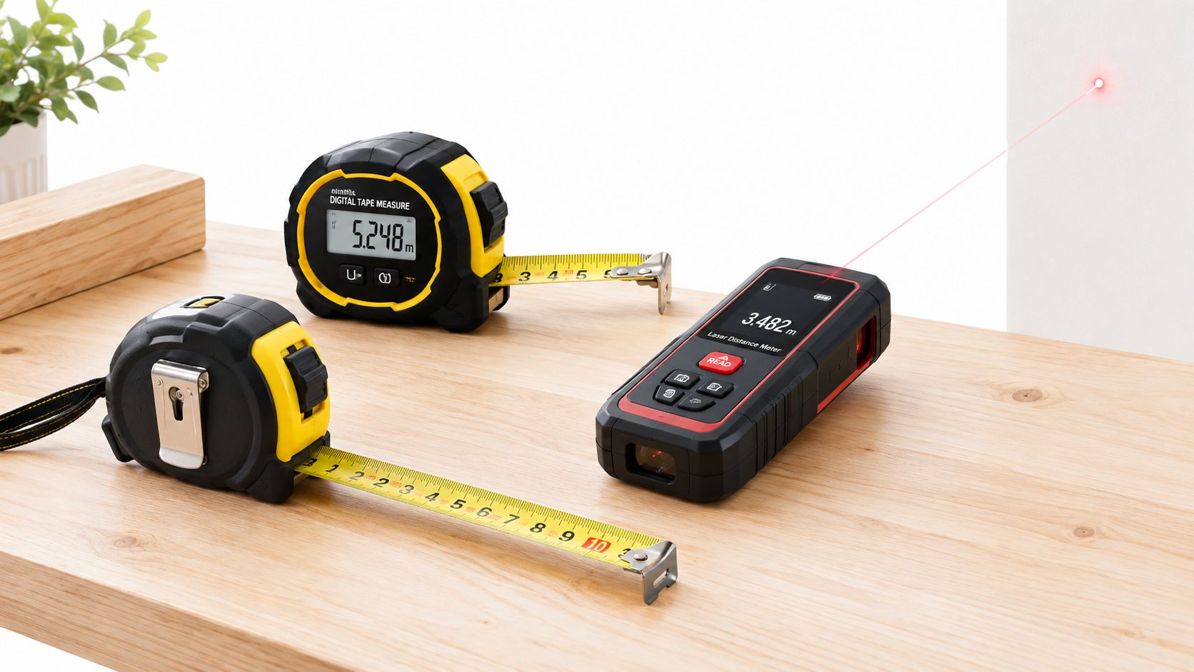 Three professional measuring tools, including two tape measures and a digital laser distance meter on a desk.