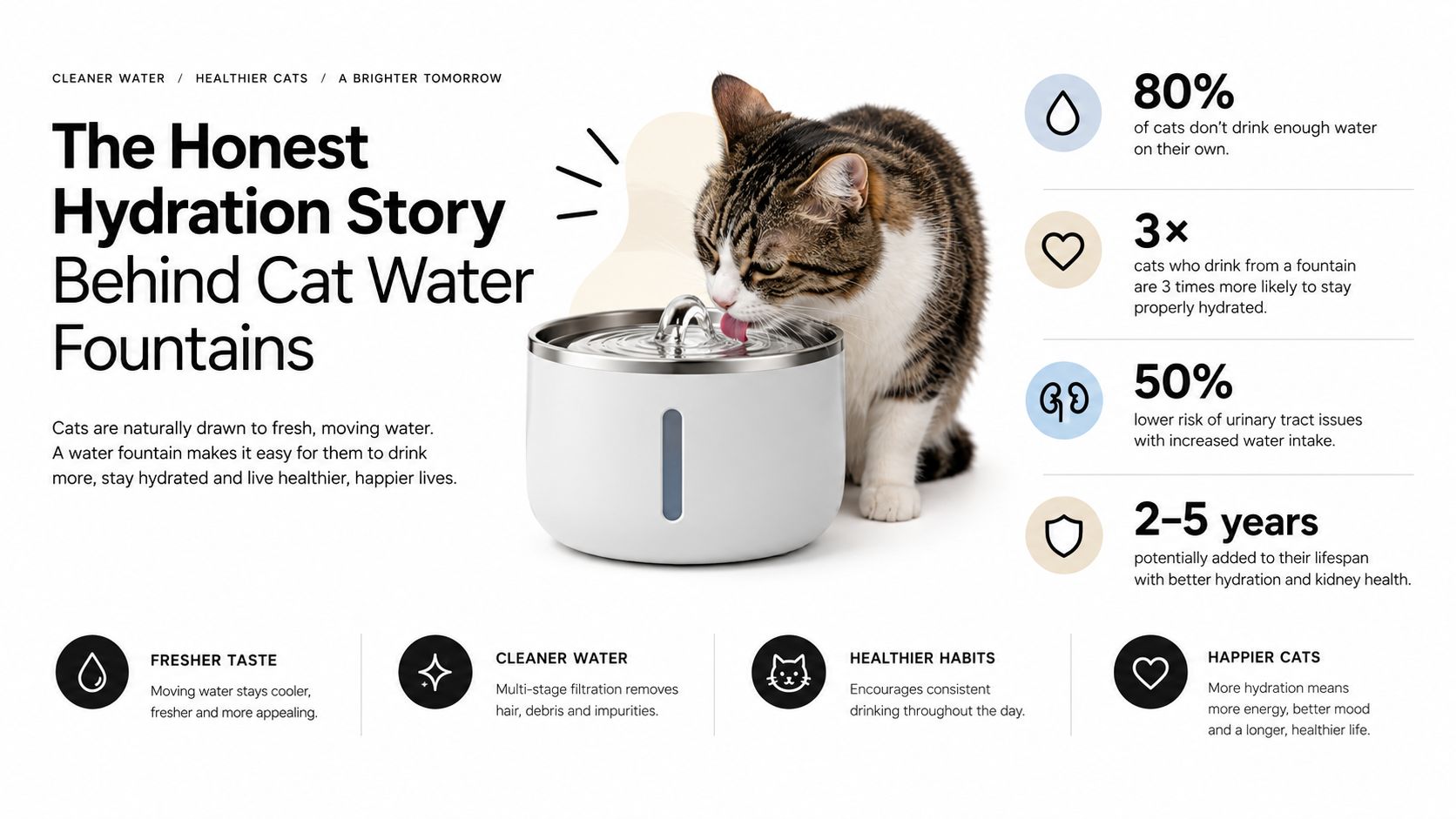 A tabby cat drinks fresh water from a clean, white stainless steel pet water fountain for cats.
