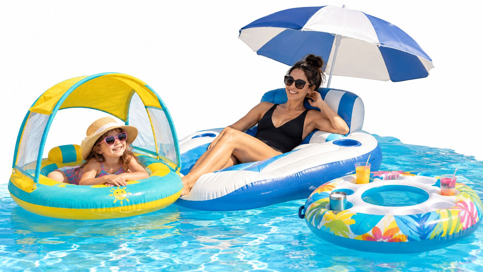 A woman and young girl enjoying a sunny day on inflatable pool floats with shade.