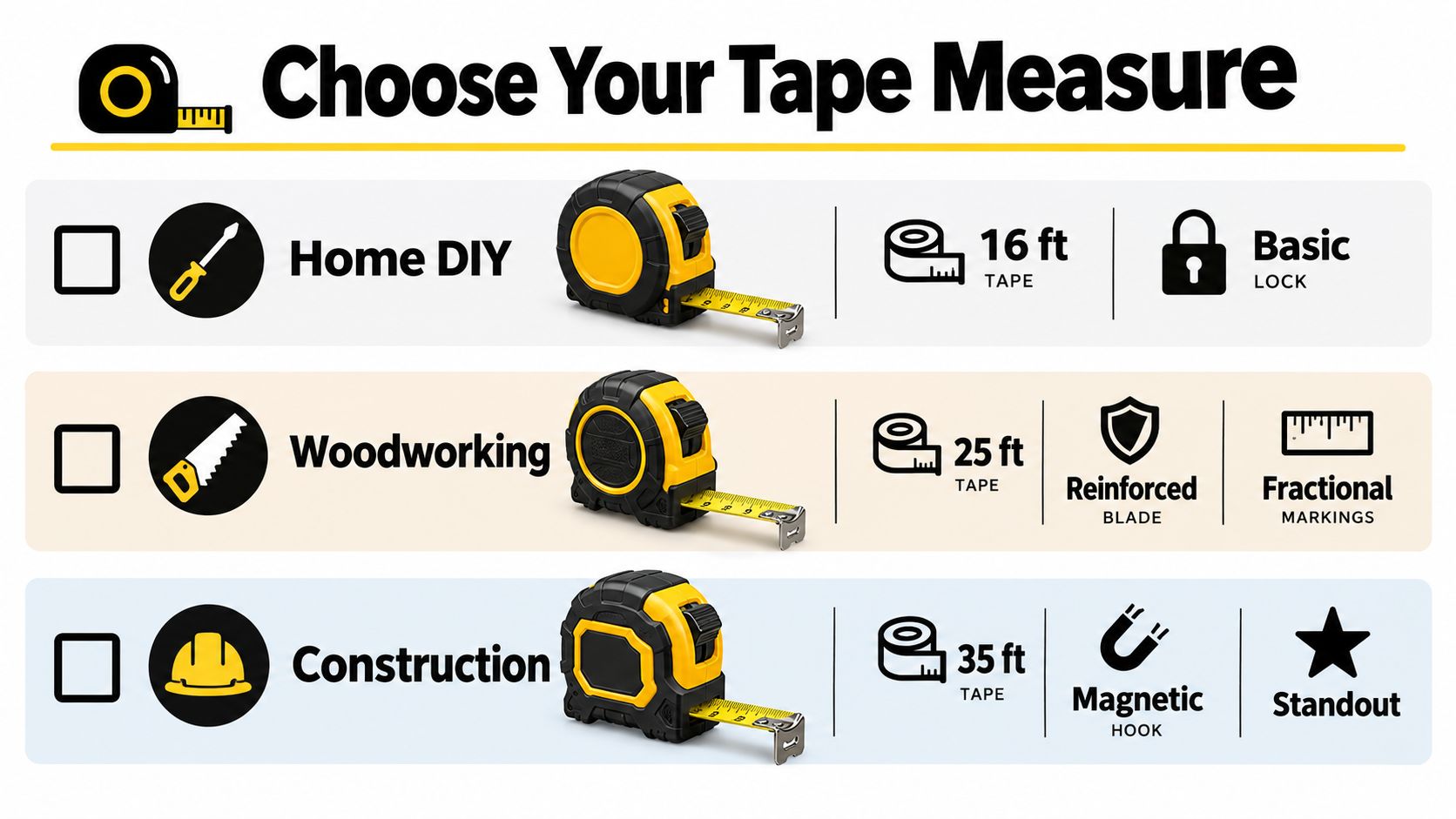 A comparison chart showing three types of tape measures for home DIY, woodworking, and professional construction projects.
