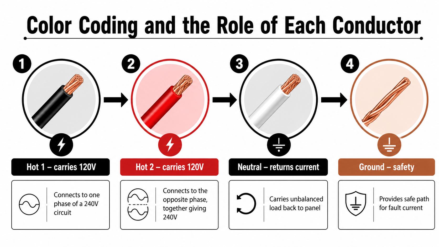 A diagram illustrating the color coding, roles, and functions of different electrical conductors in a circuit.