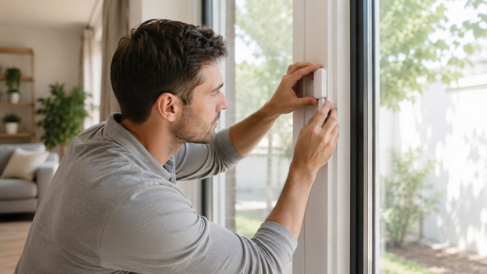 A man carefully installing a small white wireless contact sensor on a window frame for home security.