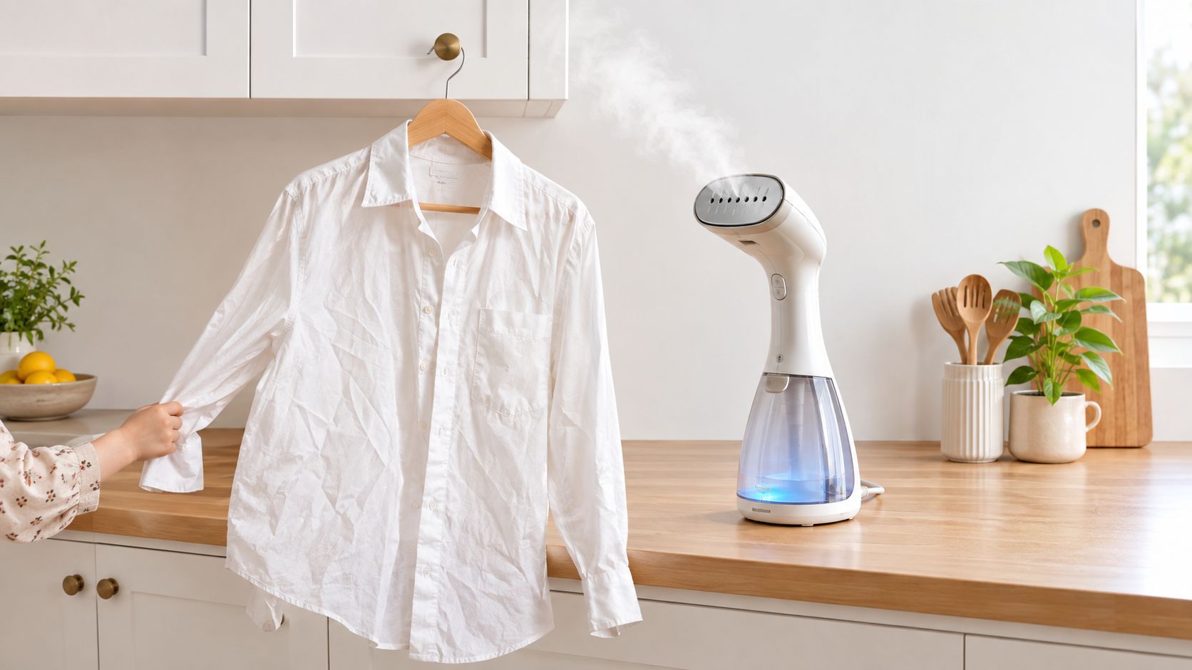 A person steams a wrinkled white button-down shirt with a handheld portable automatic garment steamer on a kitchen counter.