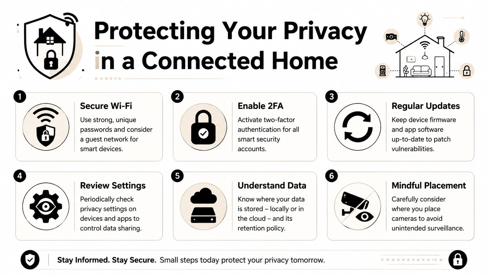 An infographic titled Protecting Your Privacy in a Connected Home, displaying six numbered tips for securing smart devices.