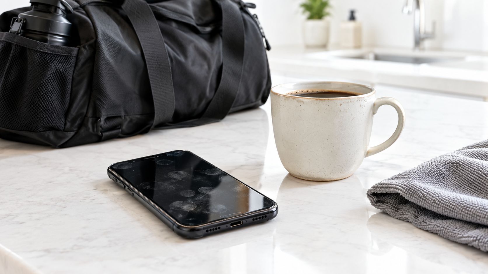 A smartphone with visible fingerprints sits on a white marble countertop next to a coffee mug and gym bag.