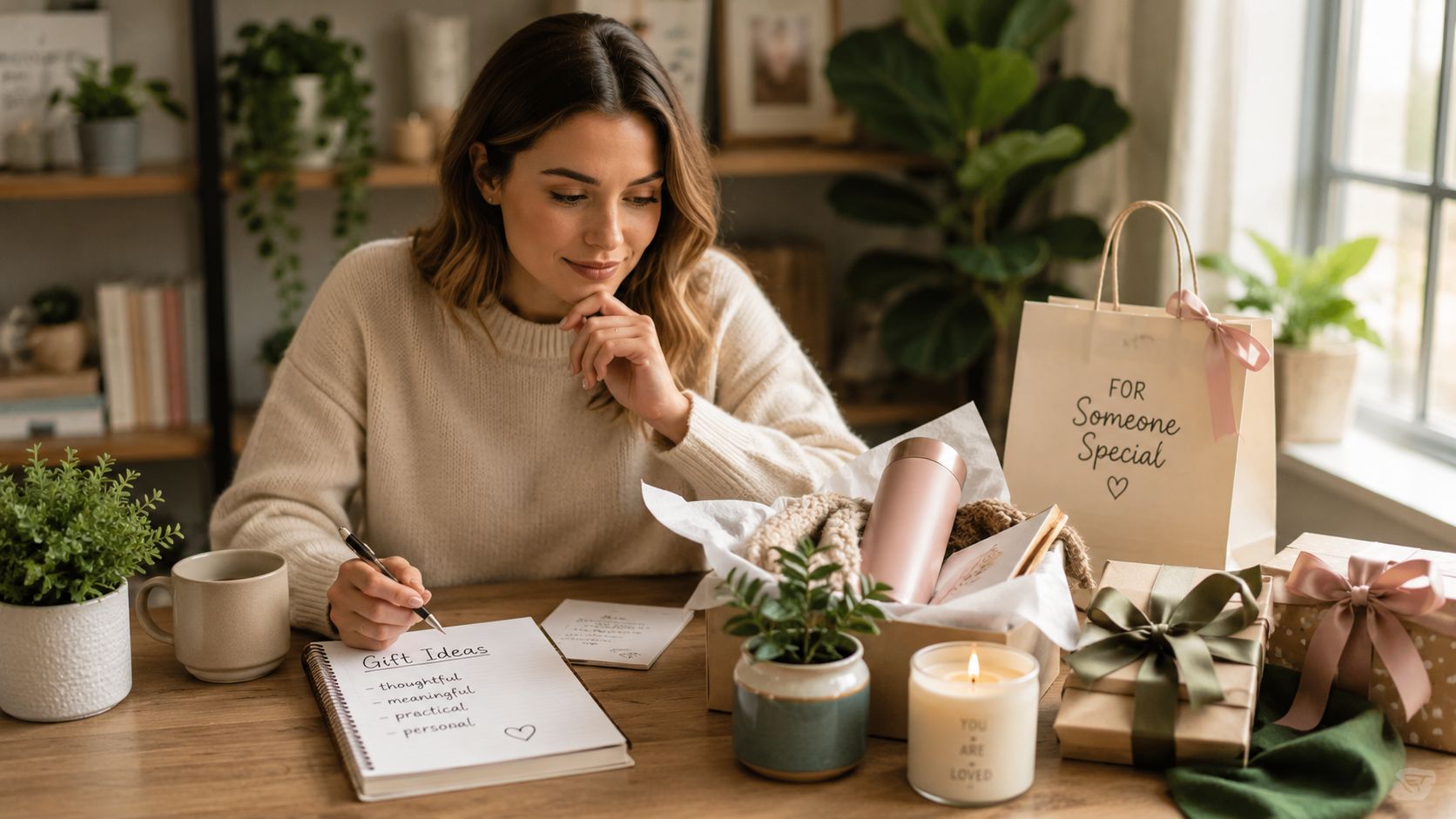 A woman writing gift ideas in a notebook surrounded by wrapped presents and cozy home decor items.