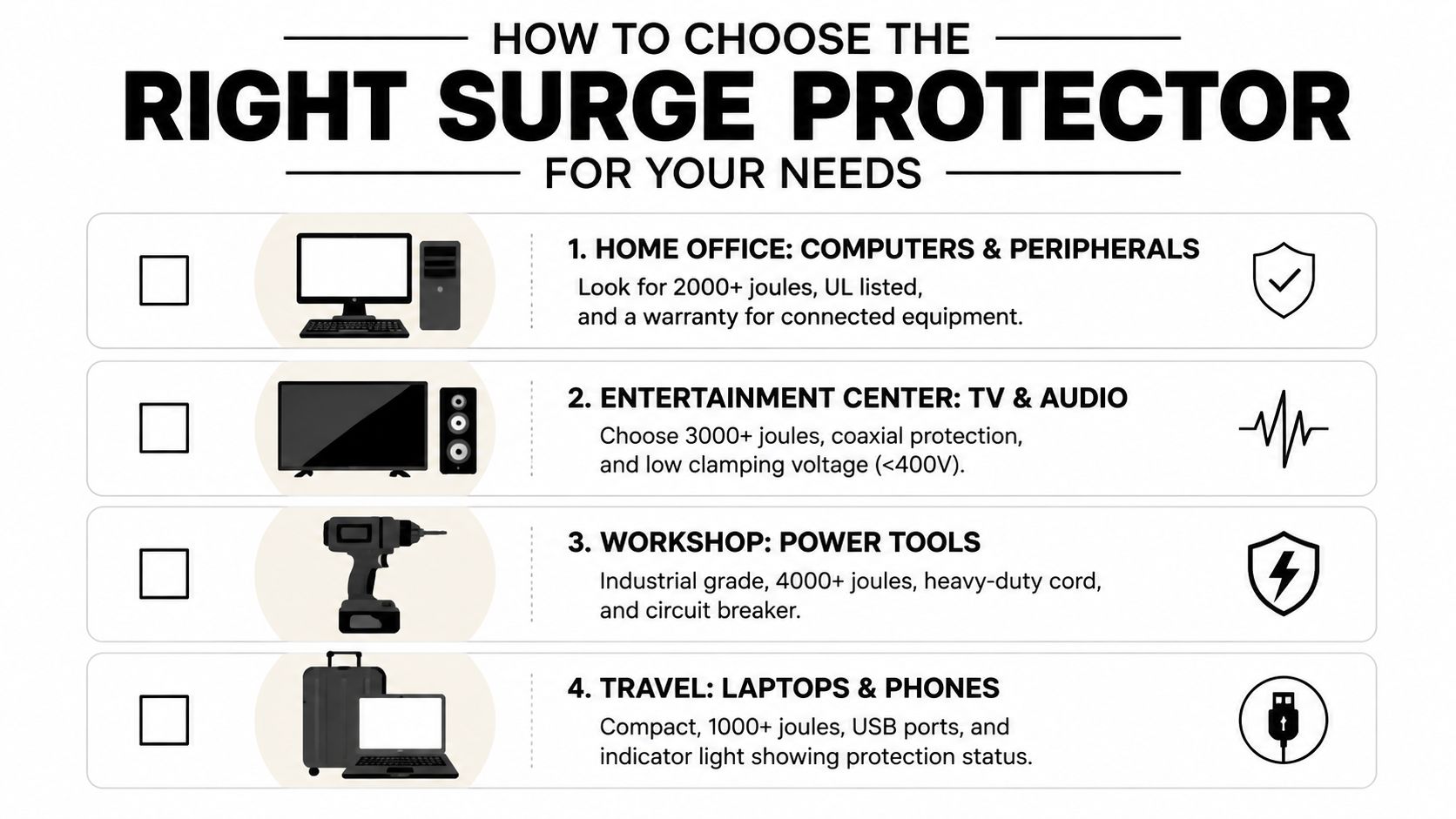 A helpful infographic guide detailing how to choose the right surge protector for home, workshop, or travel.