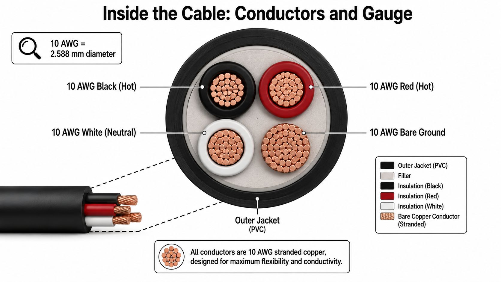 A cross-section diagram of a 10/3 electrical cable illustrating stranded copper conductors and insulation colors.