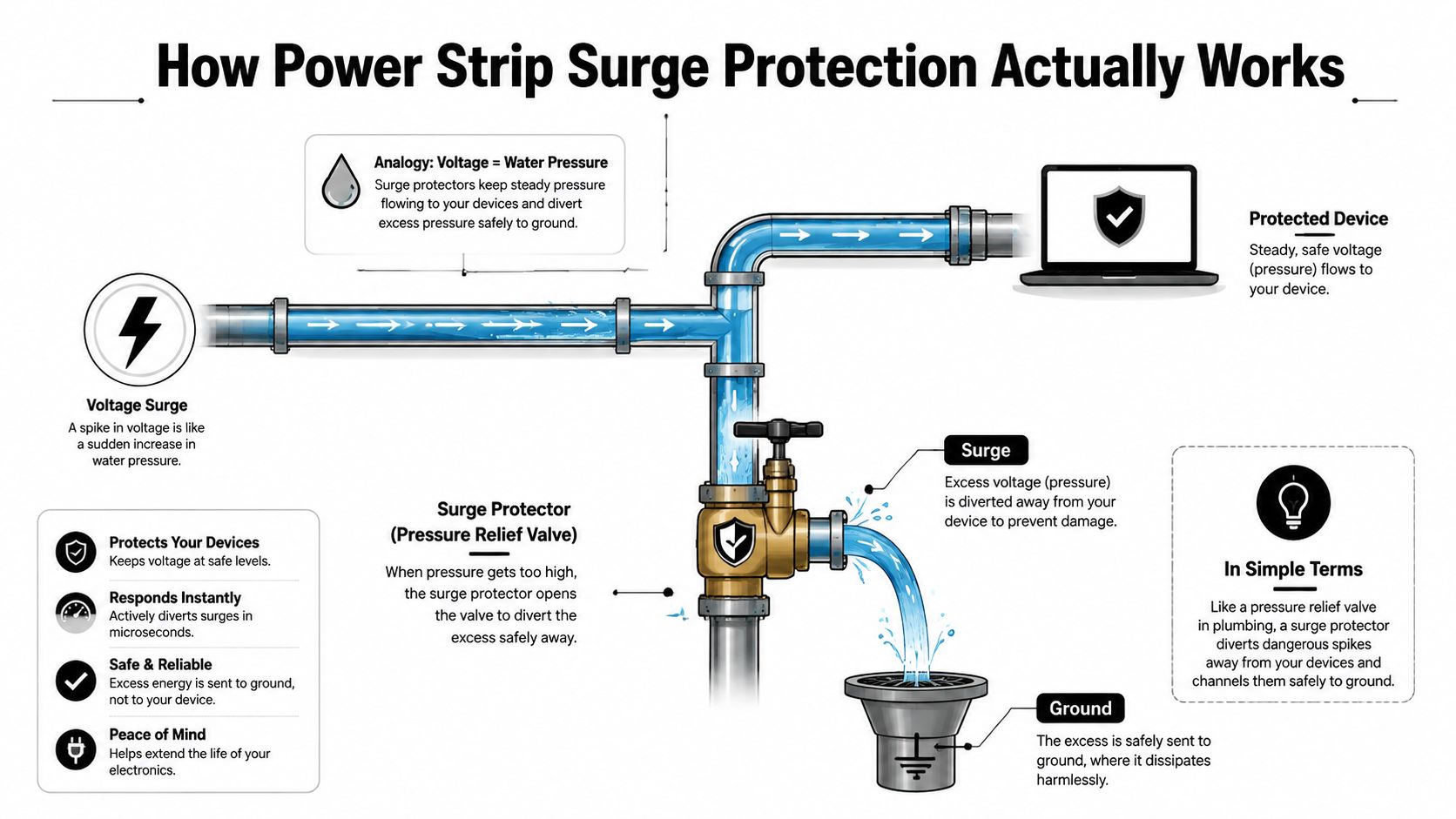 An infographic diagram using a plumbing analogy to explain how power strip surge protection works effectively.