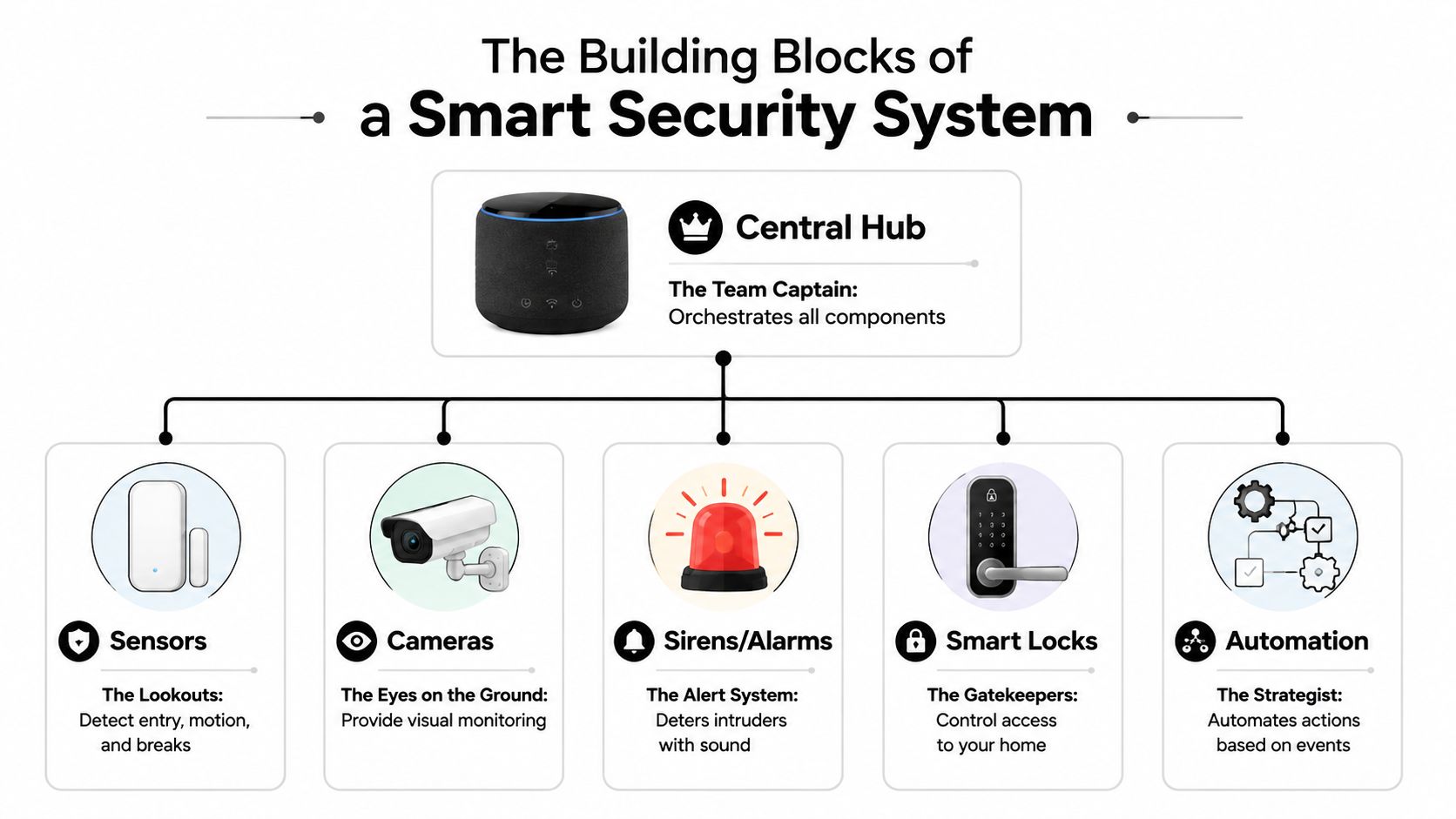 A diagram illustrating the key components of a smart home security system, including a central hub.