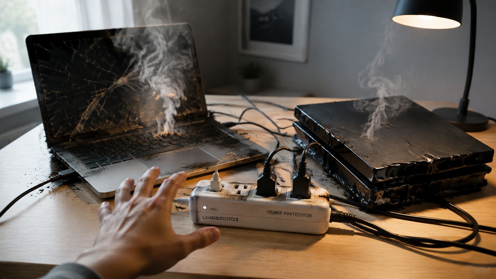 A hand reaching towards a smoking, damaged laptop and gaming console plugged into a burnt power strip.