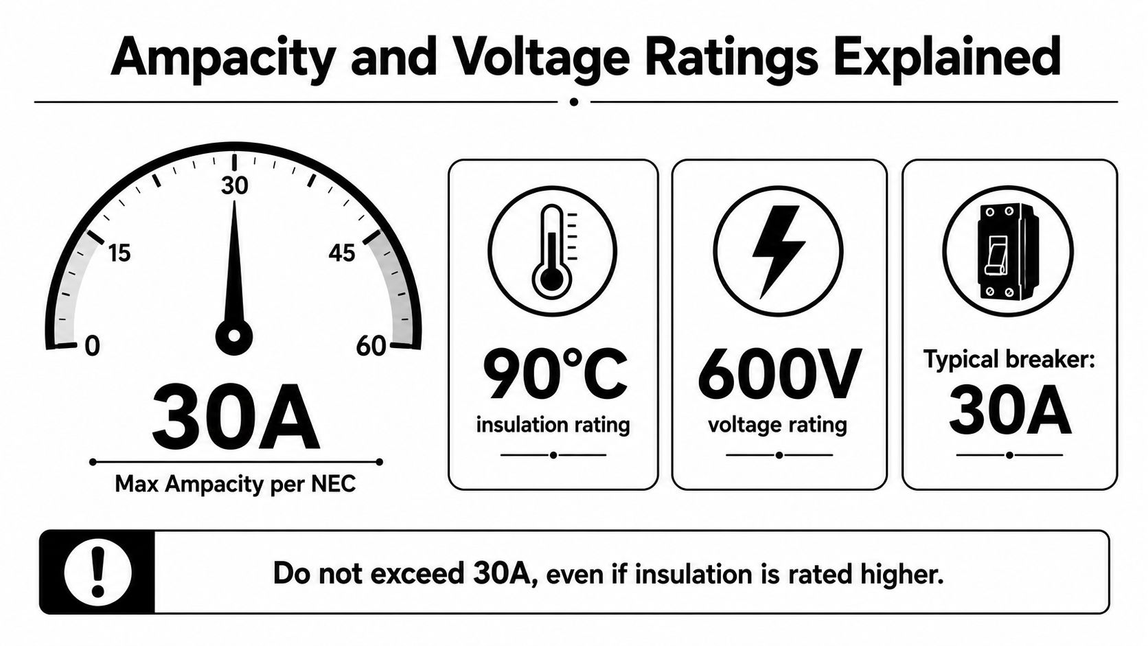 An infographic explaining electrical ampacity and voltage ratings, highlighting a 30A limit and 600V safety standard.