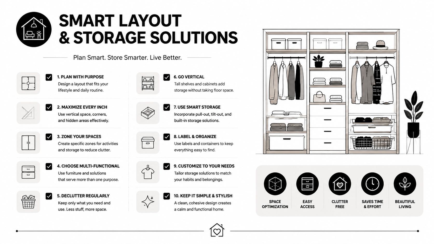 An infographic showing tips for smart home layout and closet organization for a more functional space.