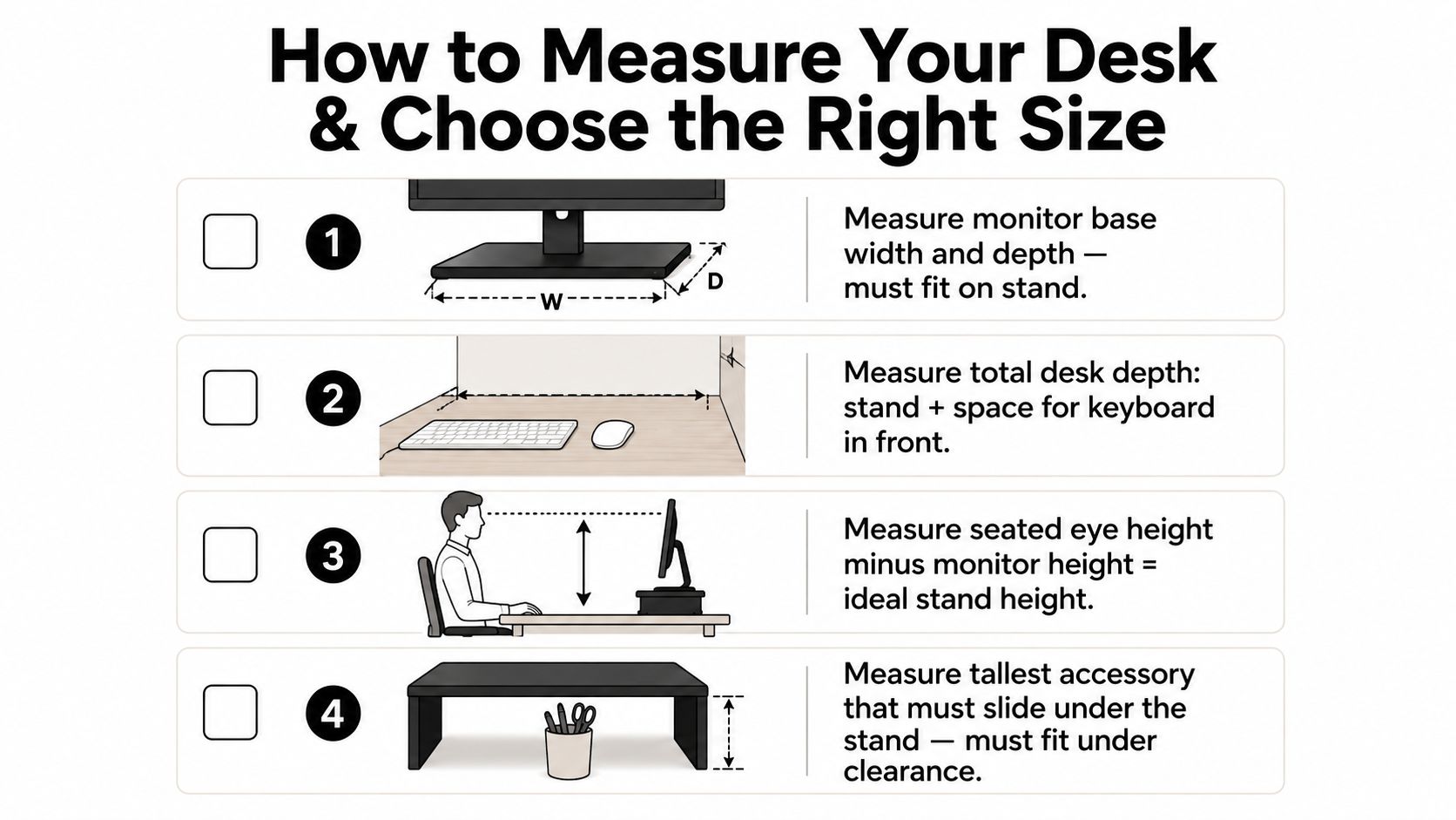 An infographic showing four steps for measuring your desk to choose the right monitor stand size.