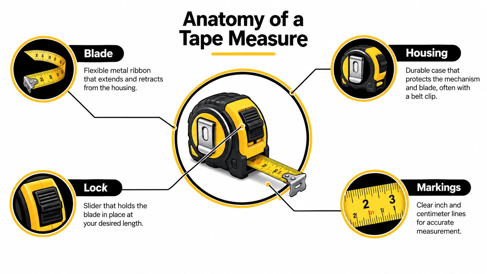 A detailed infographic titled Anatomy of a Tape Measure, illustrating its components: blade, housing, lock, and markings.