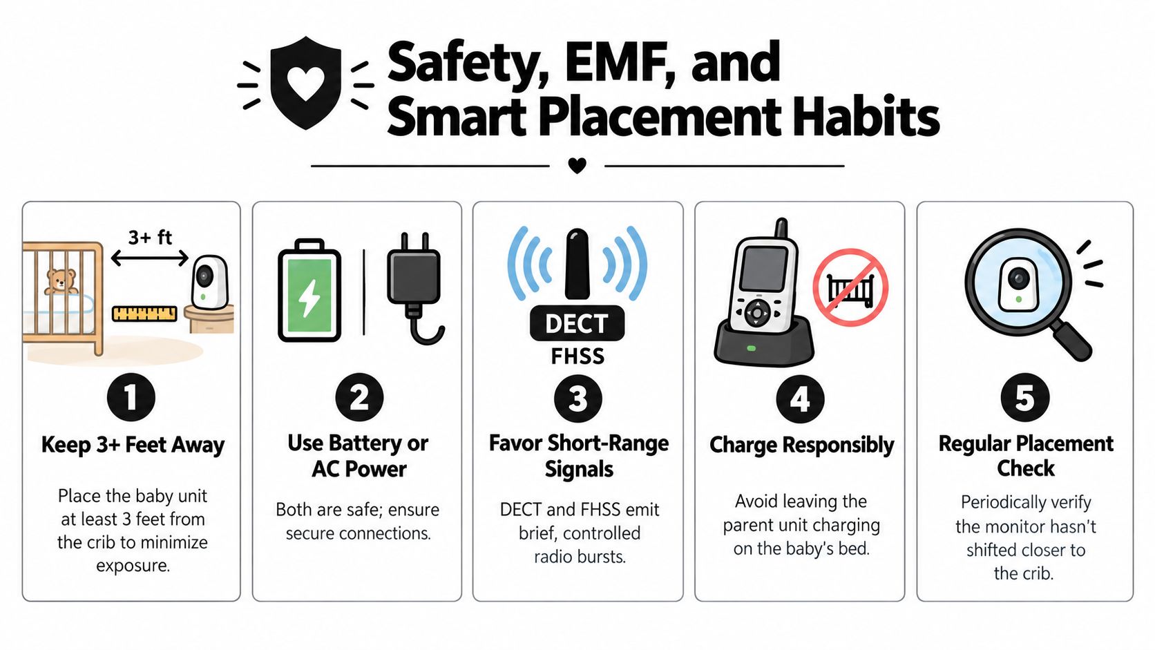 An infographic detailing five important safety and placement tips for using baby monitors to reduce radiation exposure.