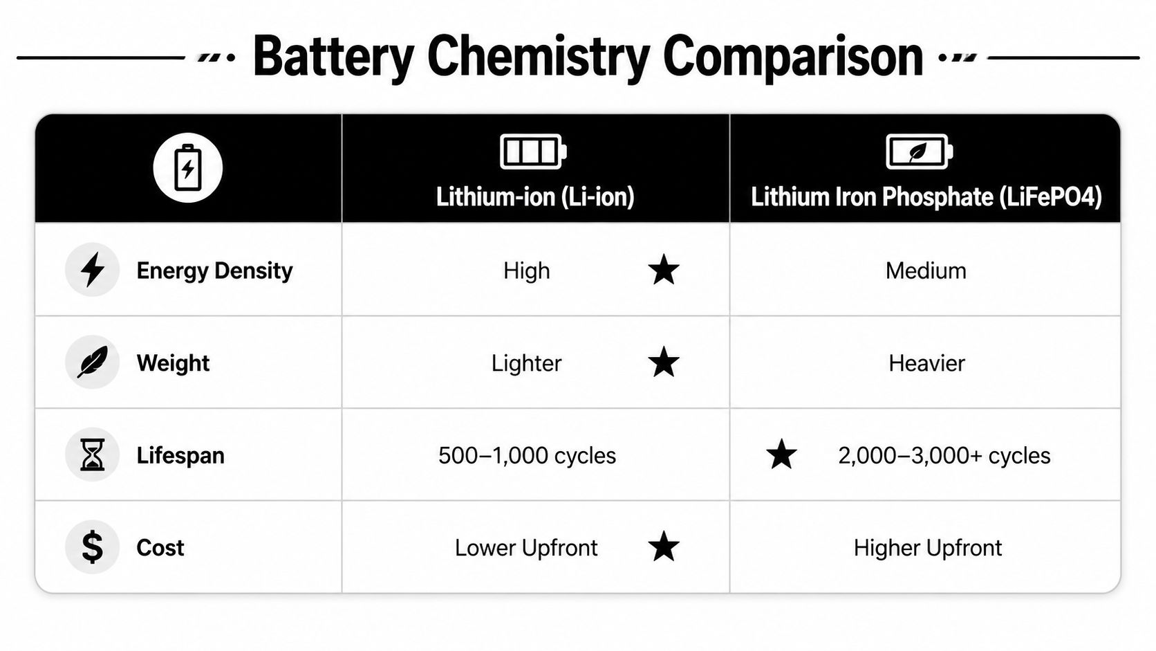 A comparison table outlining the key differences between Lithium-ion and Lithium Iron Phosphate battery chemistries regarding performance.