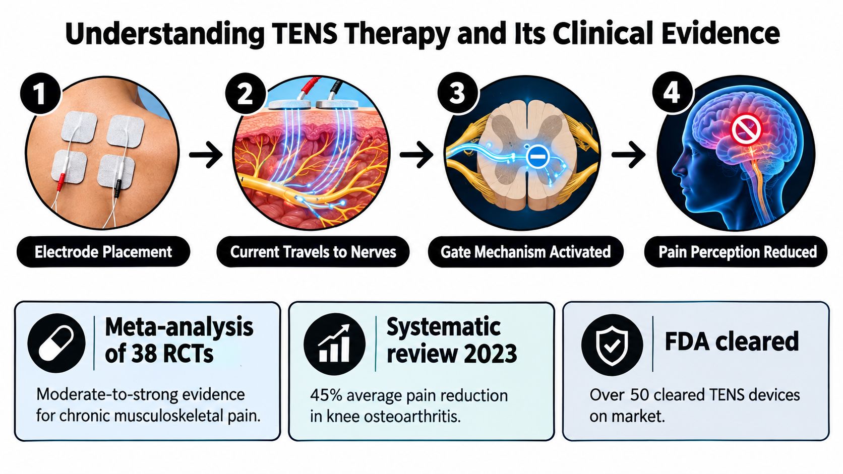 An infographic showing the four-step process of TENS therapy and highlighting supporting clinical evidence for pain relief.