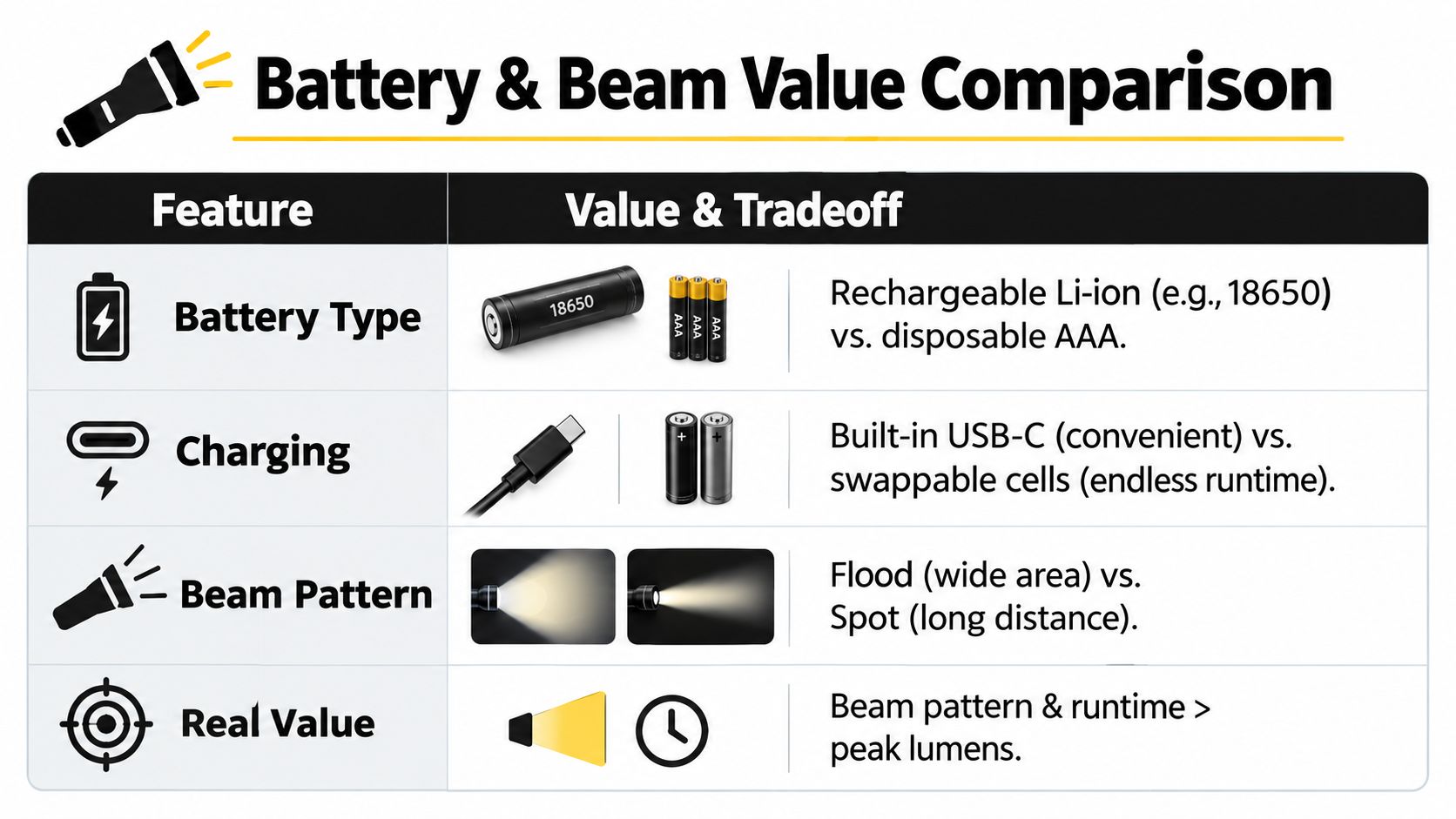 A comparison chart outlining key differences in flashlight battery types, charging methods, beam patterns, and real value metrics.