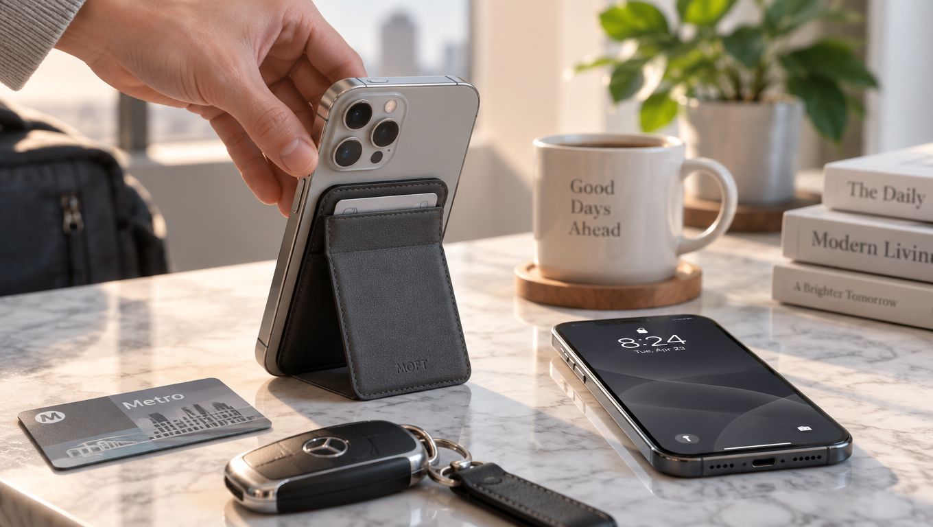 A hand holds a smartphone with a magnetic grey wallet stand attached on a marble table.