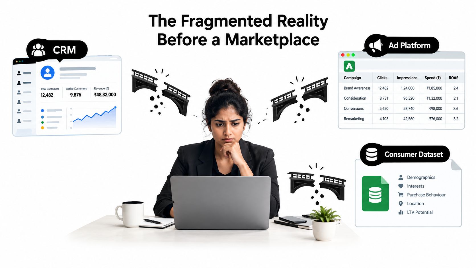 A businesswoman looks concerned at her laptop surrounded by fragmented CRM, ad platform, and consumer dataset icons.