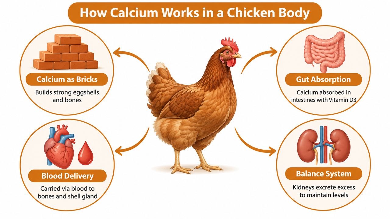 A diagram illustrating how calcium is absorbed, transported, and regulated within a chicken's body for health.