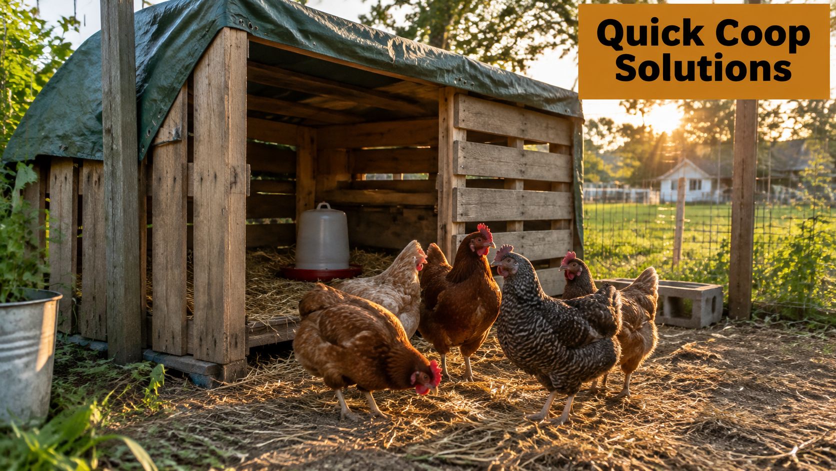 A group of chickens foraging near a simple, pallet-constructed makeshift chicken coop in a sunny yard.