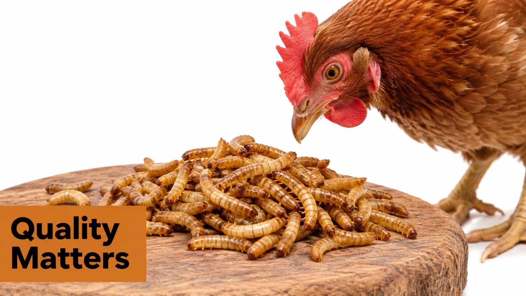 A brown chicken looking down at a large pile of dried mealworms on a wooden board.