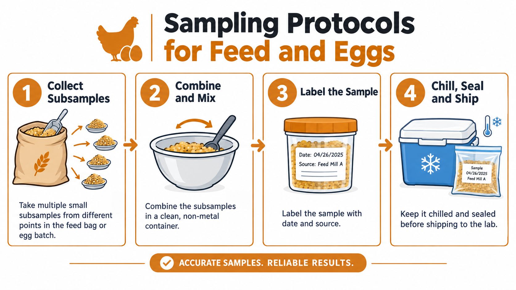 An infographic showing a four-step protocol for collecting and shipping agricultural feed and egg samples.