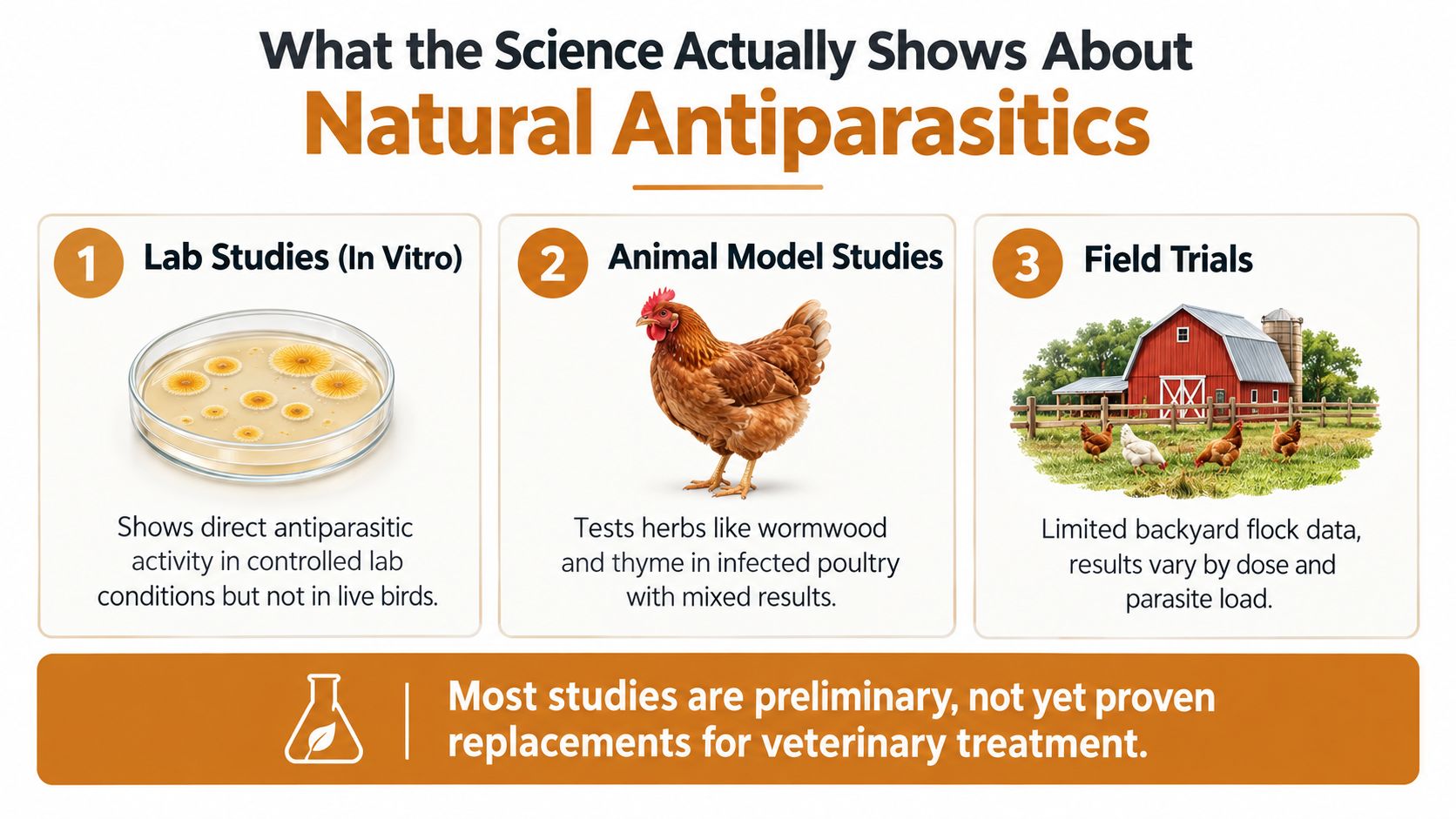 An infographic showing that natural antiparasitics are still experimental and not proven replacements for veterinary medicine.
