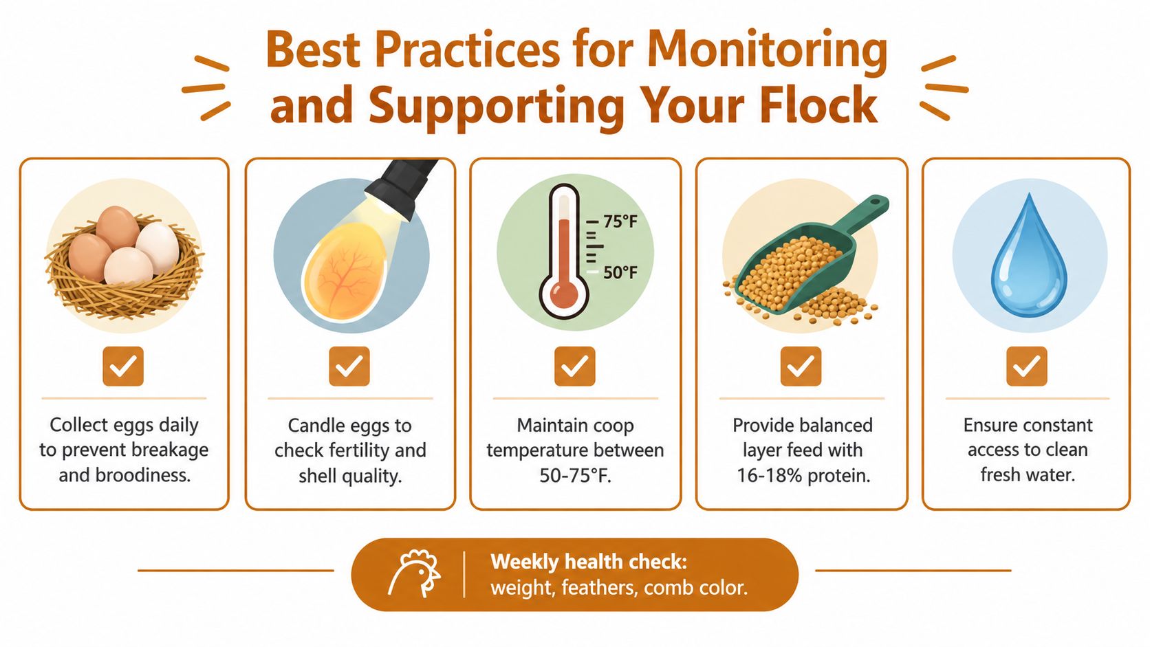 An infographic showing five best practices for monitoring and supporting a flock of chickens.