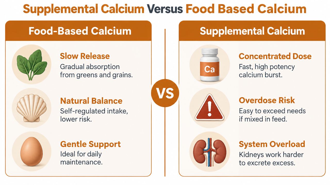 A comparison chart showing the differences between food-based calcium and supplemental calcium benefits and risks.