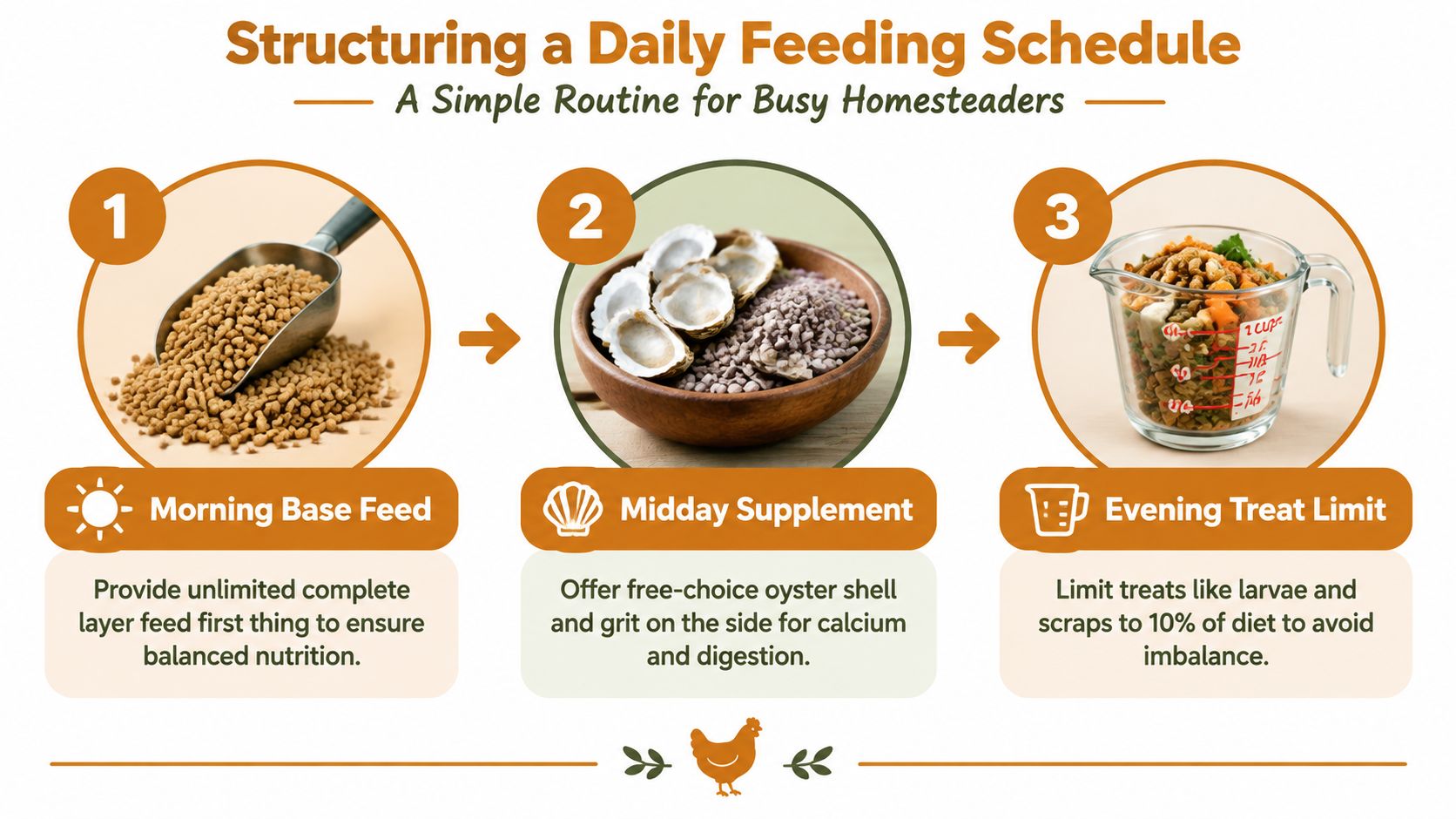 A simple daily feeding guide for chickens, illustrating morning base feed, midday supplements, and evening treat limits.