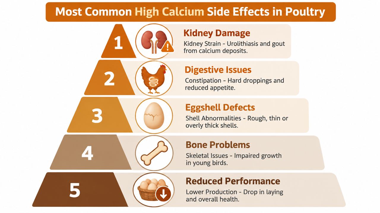 A pyramid infographic listing the five common side effects of high calcium intake in poultry, including kidney, digestive, and bone issues.