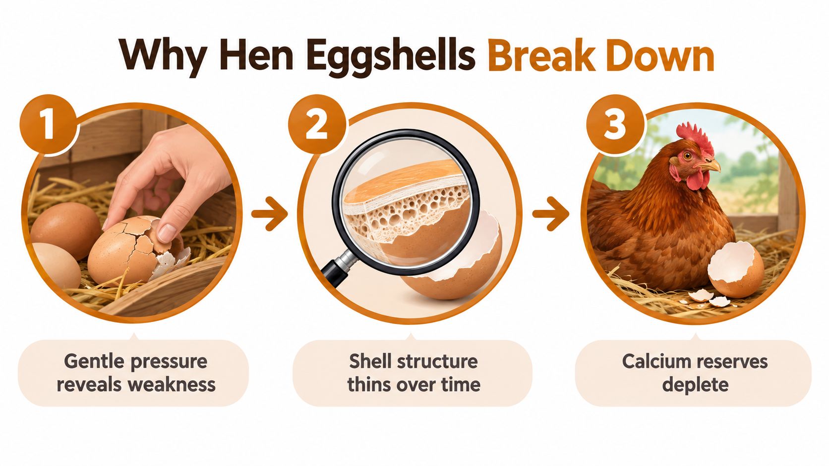 A three-step infographic explaining why hen eggshells thin and break down due to calcium depletion.