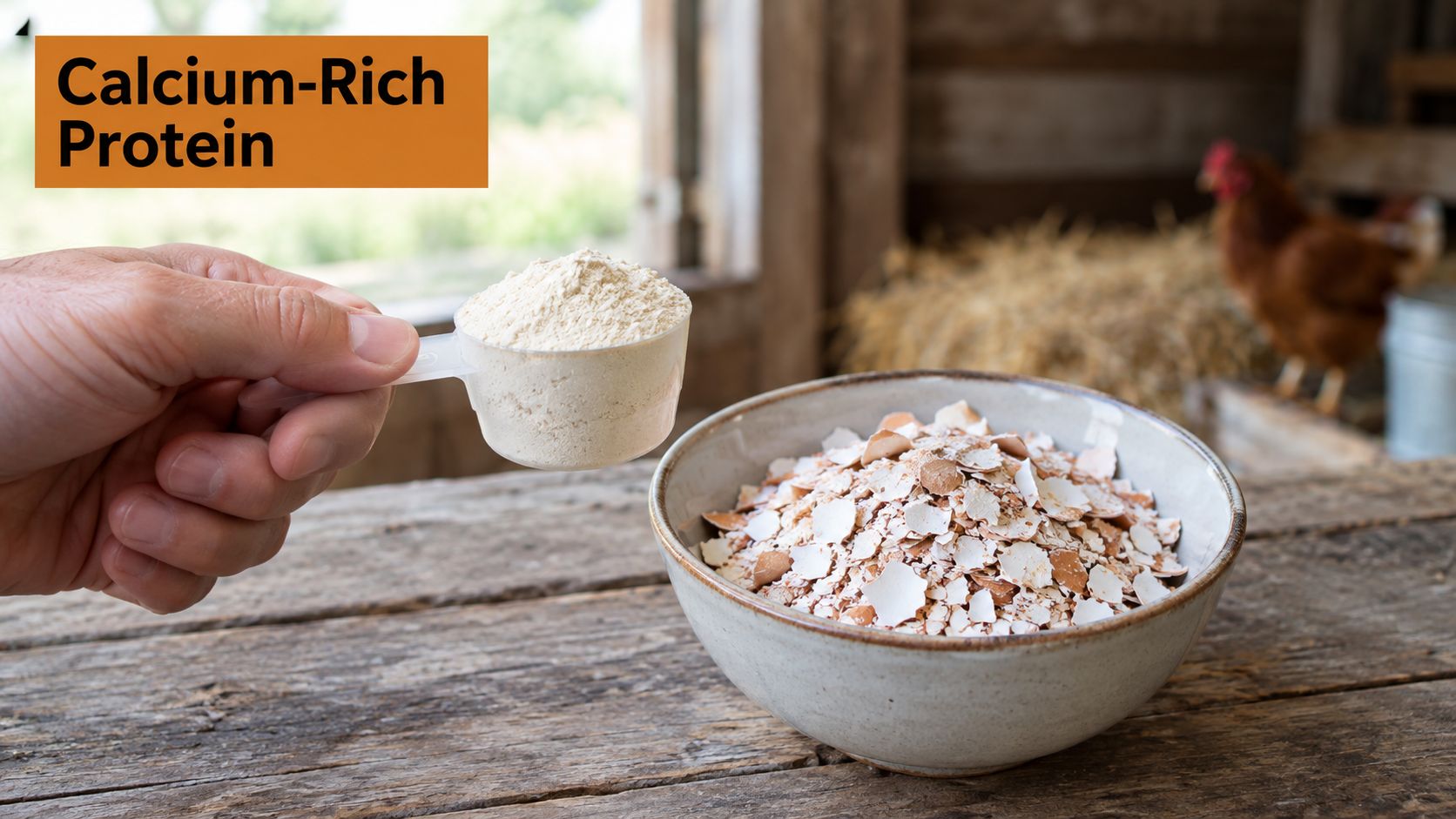 A hand holds a scoop of powdered eggshell next to a bowl of broken eggshells on a rustic wooden table.
