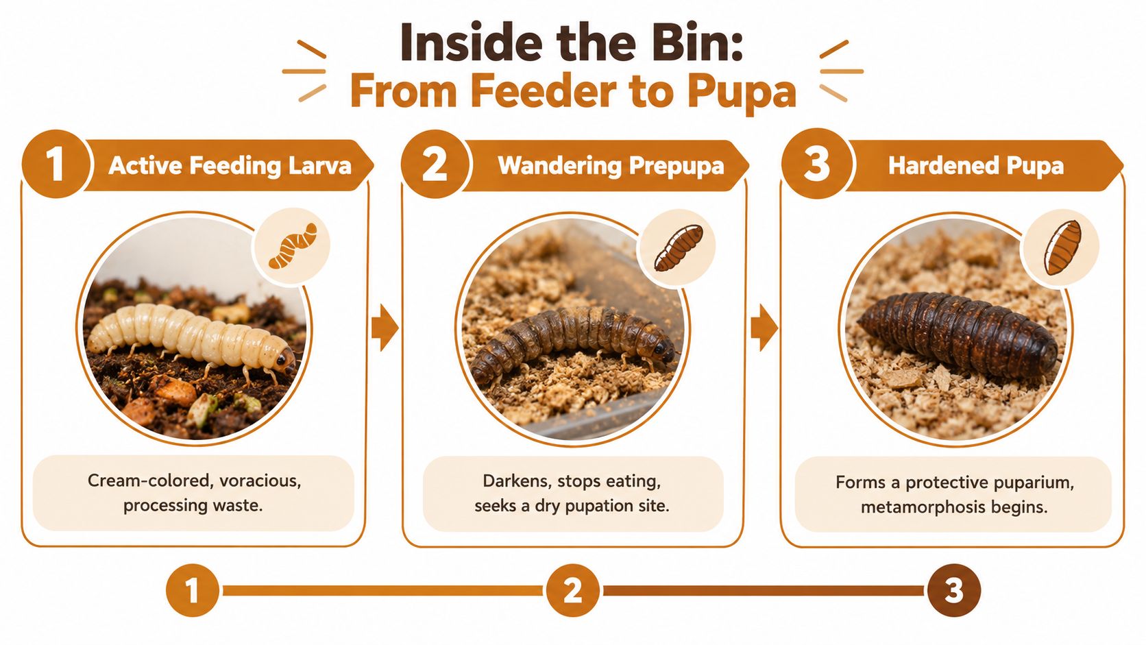 A life cycle diagram showing the three stages of black soldier fly development from larva to pupa.