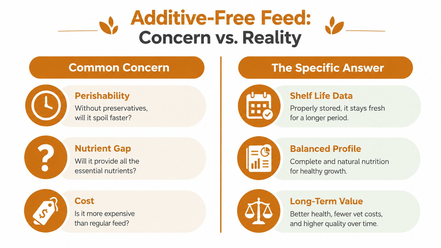 A comparison chart showing common concerns versus the reality of using additive-free animal feed.