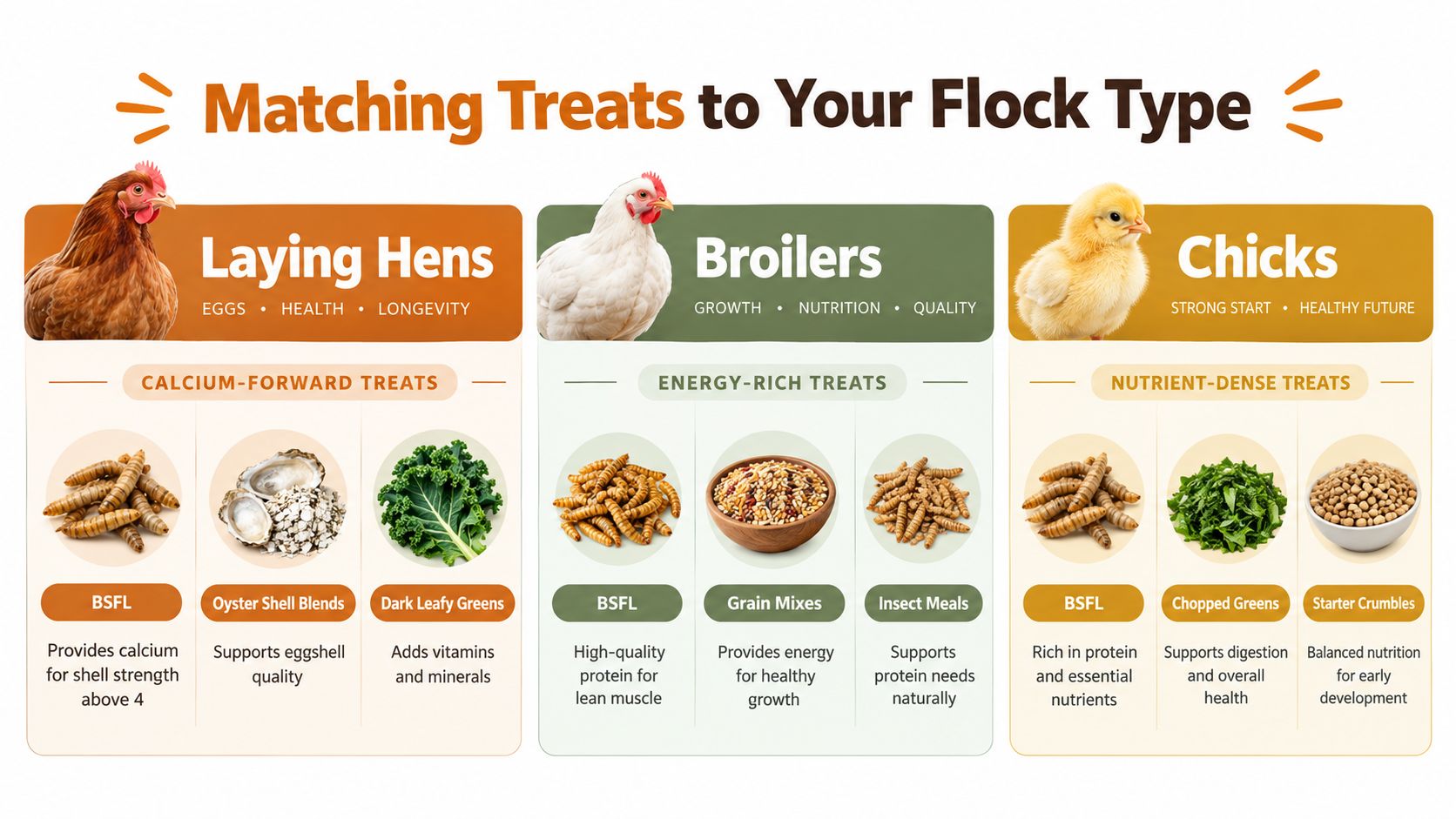 An infographic showing recommended treats for laying hens, broilers, and chicks to support their specific health needs.