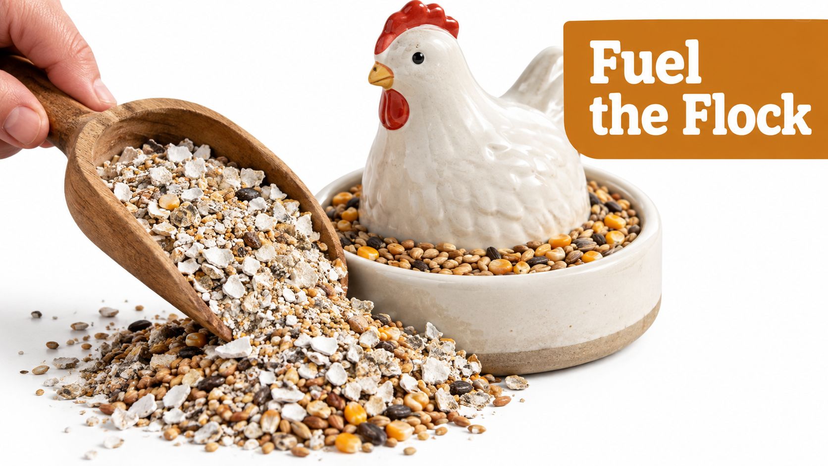 A hand pouring a wooden scoop of chicken feed next to a ceramic chicken figurine in a bowl.