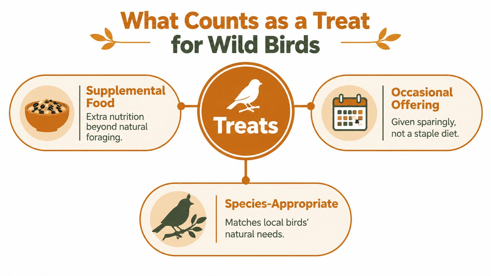 An infographic titled What Counts as a Treat for Wild Birds, explaining supplemental food, occasional offerings, and species-appropriate nutrition.