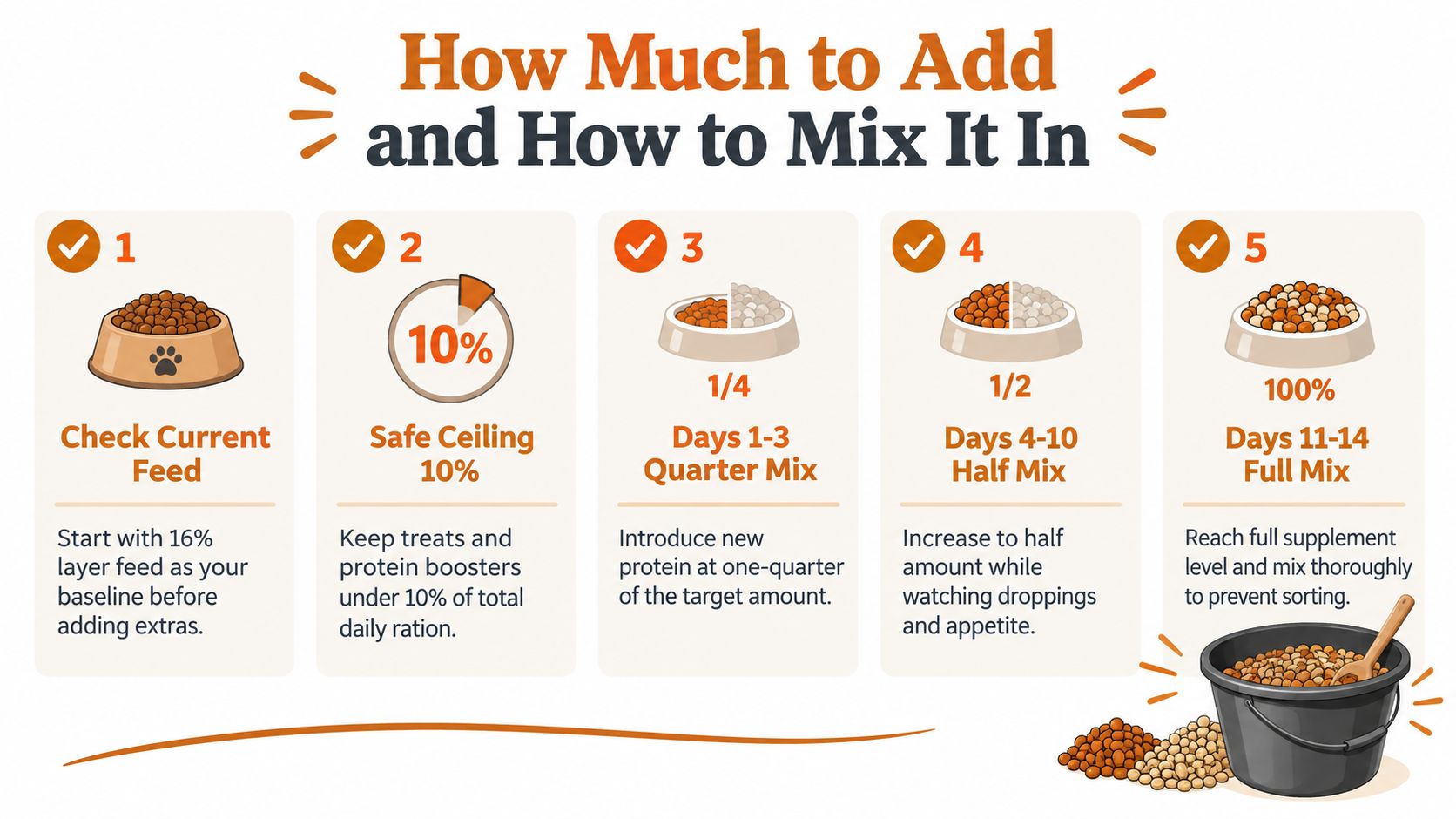 A five-step guide on how to safely introduce new protein boosters and supplements into chicken feed.